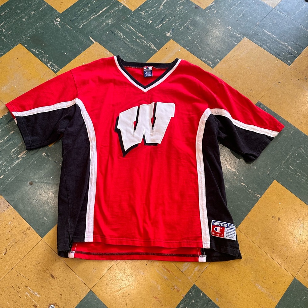 Champion University Of Wisconsin Red and Black Sports Warm Up Shirt